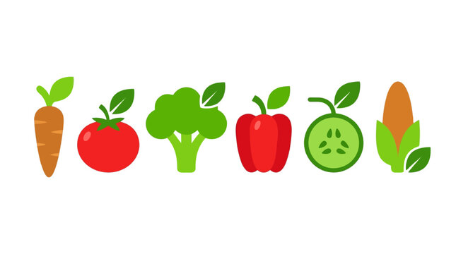 Colorful healthy vegetable vector icons featuring fresh organic carrot tomato broccoli bell pepper cucumber and corn for diet graphic design