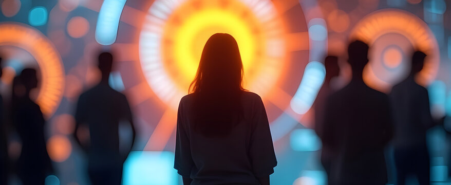 Silhouette of a person standing before a large futuristic glowing display screen filled with vibrant orange and blue circular patterns, representing modern technology, innovation, and digital data con