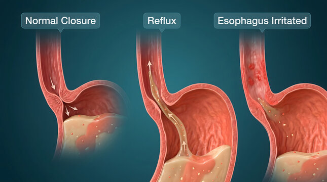 Gastroesophageal reflux disease anatomical diagram showing normal closure acid reflux and irritated esophagus. Medical vector illustration of GERD steps