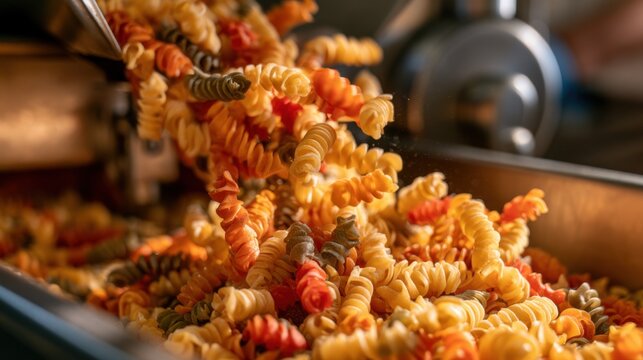 Pasta being made in a factory using a machine with colorful fusilli spirals