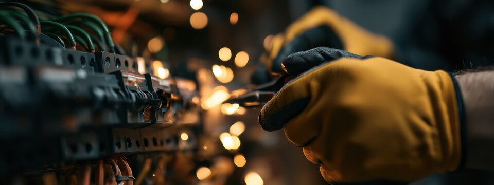 Electrician works on circuit board in workshop with sparks flying at night