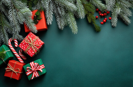 Decorations and gifts arranged on a green background for a holiday celebration