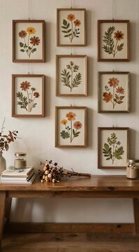 Framed pressed flower prints hanging above wooden bench interior