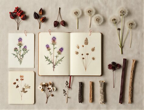 Botanical specimens arranged on sketchbook and tabletop