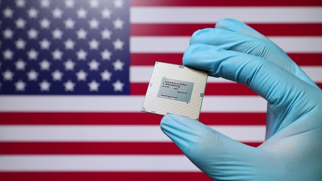Close up view of hand in blue glove holding CPU microchip. American flag in blurred background. Concept of semiconductor shortage and artificial intelligence development in United States of America.
