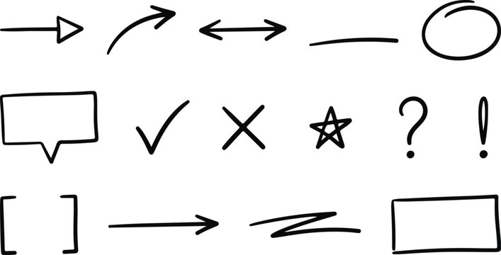 A collection of hand drawn symbols and icons for brainstorming notes and visual communication