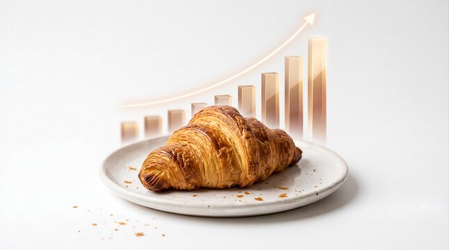 Fresh golden croissant on a ceramic plate with a translucent rising chart, illustrating bakery business growth, food industry success, sales performance, and economic development.