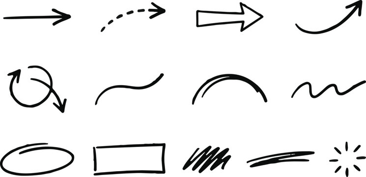 A collection of various hand drawn arrows lines shapes and scribbles on a white background