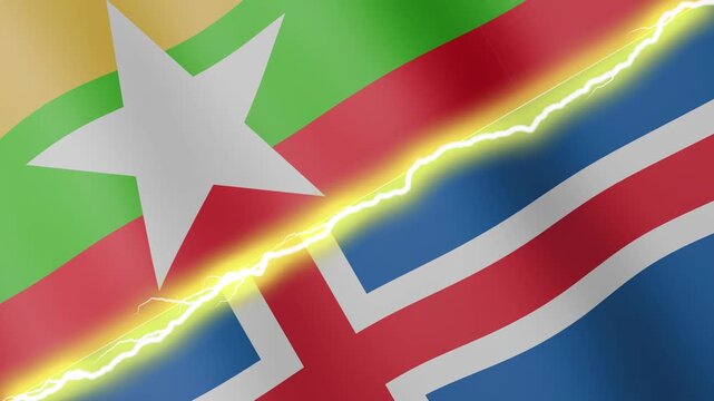 Two waving flags Myanmar and Iceland with diagonal lightning seamless, 4k loop