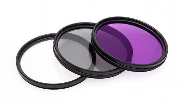 Circular camera lens filters with purple tint and clear glass arranged neatly on white background