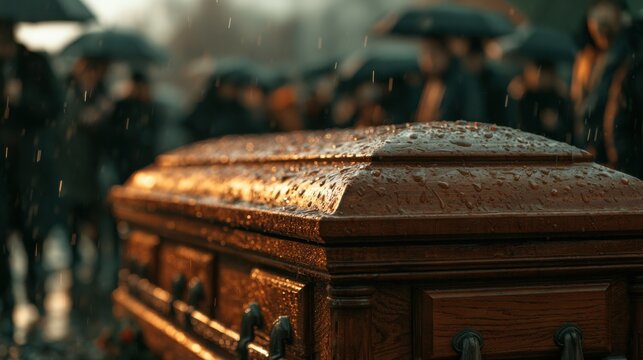 Gathering of people under umbrellas at a burial site with a wooden coffin in the rain