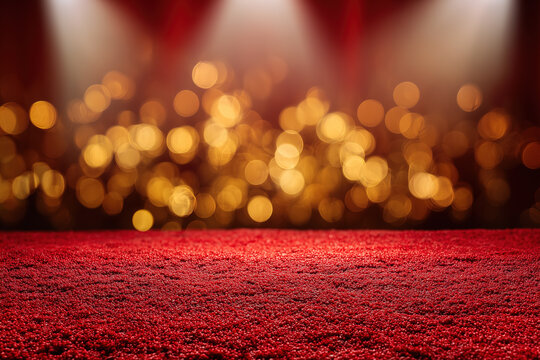 New Year background with a red carpet and bright lights for celebration events