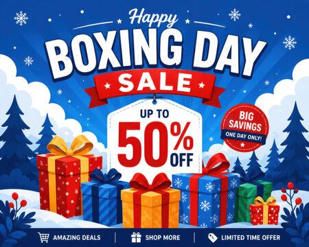 Happy boxing day sale poster with colorful gift boxes in winter forest