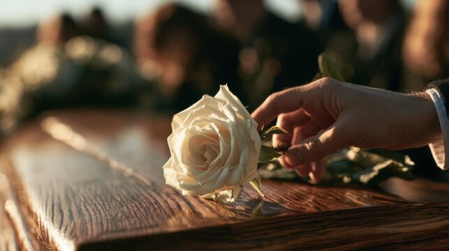 Ceremony at a gravesite with people gathered and a hand placing a white rose on the wooden casket