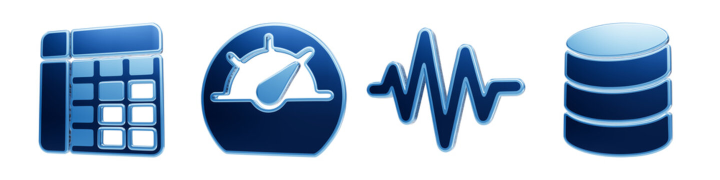 Data management icons set with blue glossy 3d grid table speed gauge wave signal and database server storage