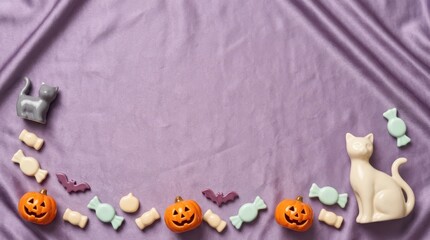 Fototapeta premium Halloween 3D Background with Halloween Candy Border and Copy Space on Fabric Background for Seasonal Promotion