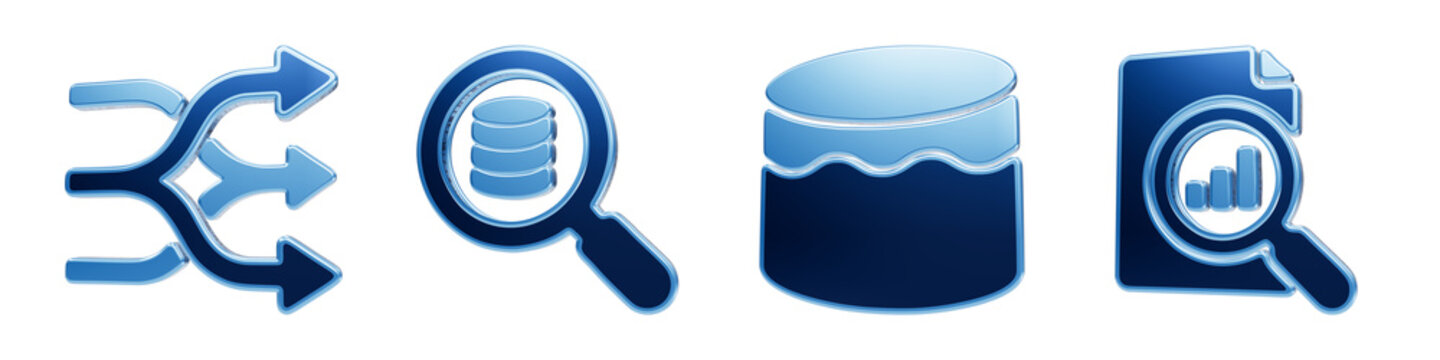 Blue glossy data management and analytics icons set for databases