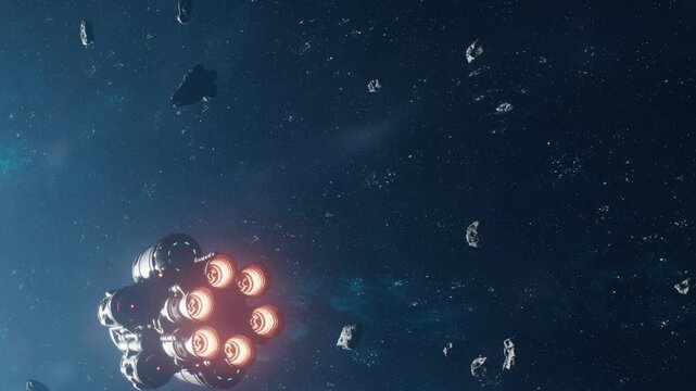 A spaceship is moving through an asteroid field located in outer space. The scene shows several asteroids floating around as the ship navigates through them during its journey.
