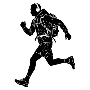 Energetic Man Runner Sprinting with Hiking Gear and Music Player for Sporty Healthy Lifestyle