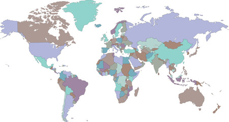 Fototapeta premium World map with countries in teal, brown, and purple tones on a plain white background
