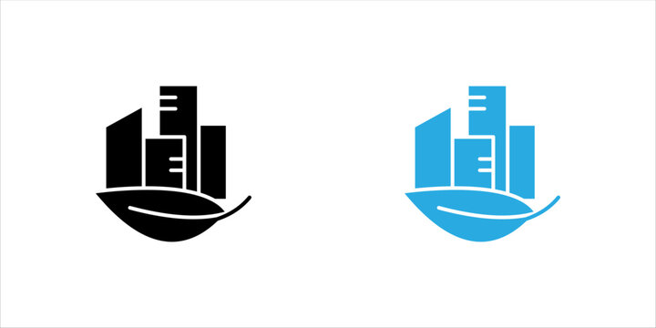 Minimal outline icon set. combining a cargo ship and buildings, representing shipping, logistics, freight transportation, international trade, and global commerce.