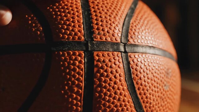 Closeup of an orange basketball showing its textured surface and black lines with indoor lighting.
