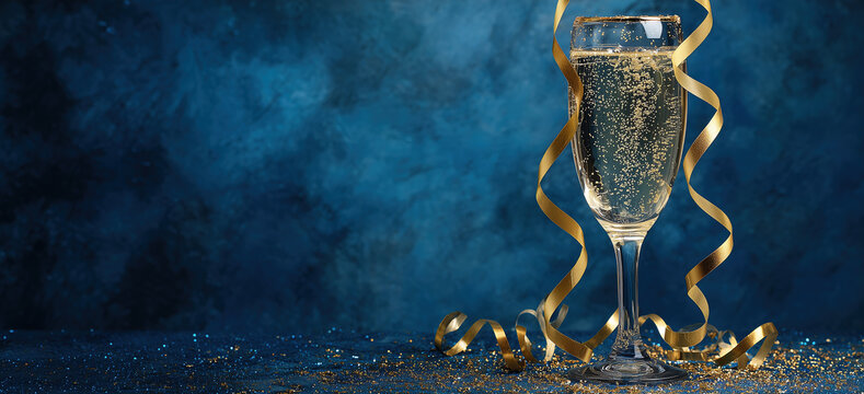 New year celebration with a glass of sparkling drink and golden decorations