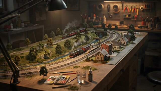 Detailed model railway layout with tiny trains and buildings &ndash; Ideal for hobby magazines, collector content, or leisure brand imagery.