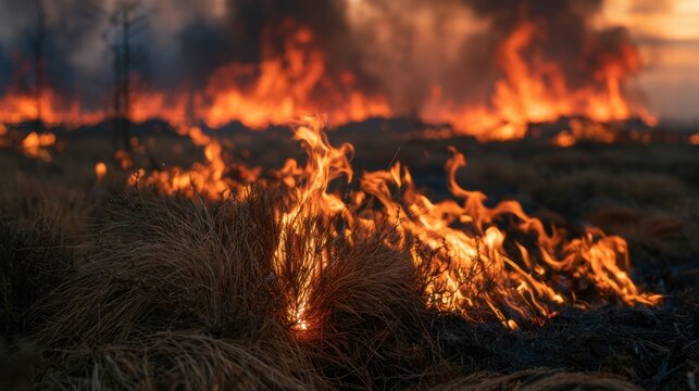 Grass fire spreads across a field at sunset in a rural area, creating smoke and bright flames