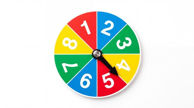 Colorful circular game spinner wheel featuring eight numbered sections isolated against a clean flat on white background