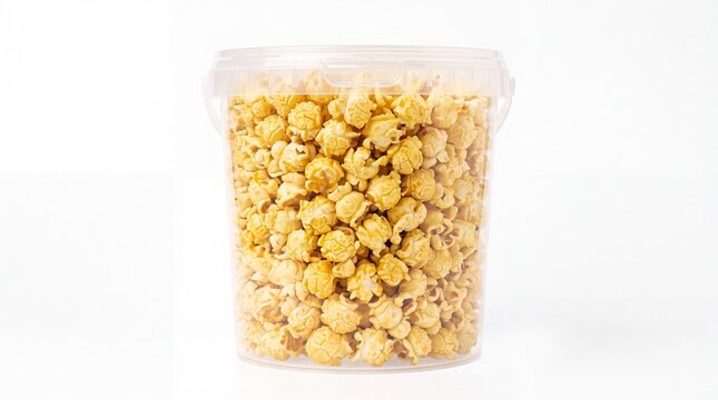 Fresh crunchy caramel popcorn inside a transparent plastic bucket sitting centered on white background