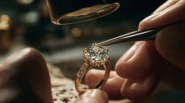 Jewelry maker works on a diamond ring in a workshop during the day