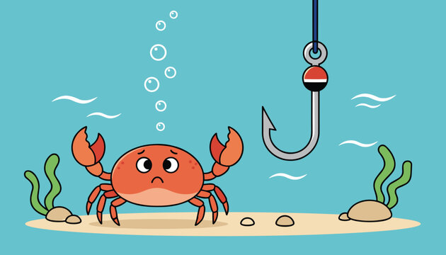 Sad cartoon crab underwater looking nervously at a large metal fishhook floating nearby on a sandy beach floor.