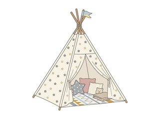 A cozy children's play teepee tent with pillows, blankets, and books inside, decorated with a flag and star patterns. © Hisa