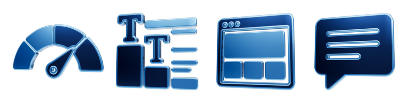 Website performance and content management icons with blue glass texture for web developers