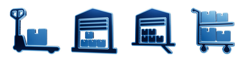Obraz premium Pallet jack with box next to various warehouse buildings and a hand truck with boxes in blue 3D render style