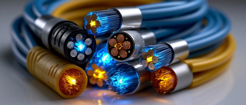 A close-up view of coiled blue and yellow cables with cut ends revealing internal fiber optics and copper wires glowing against a.