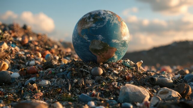 Waste piles rise around a globe symbolizing environmental issues and pollution