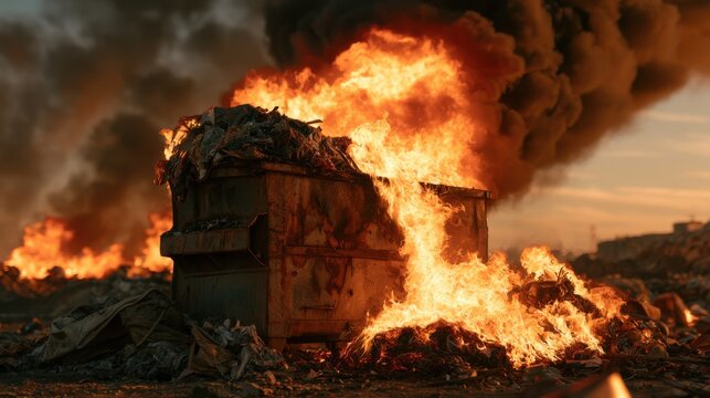 Fire in a dumpster with smoke rising at a waste disposal site during sunset