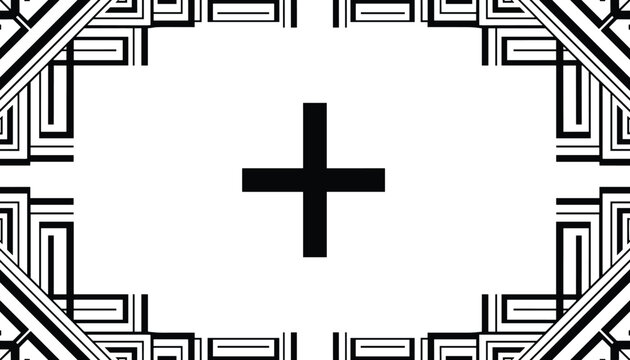 Plus sign icon inside a classic art deco geometric border frame in bold black and white line design on white.