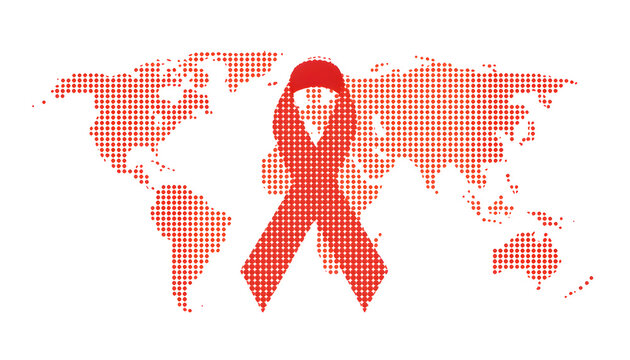 Red Awareness Ribbon Dotted World Map Silhouette on White