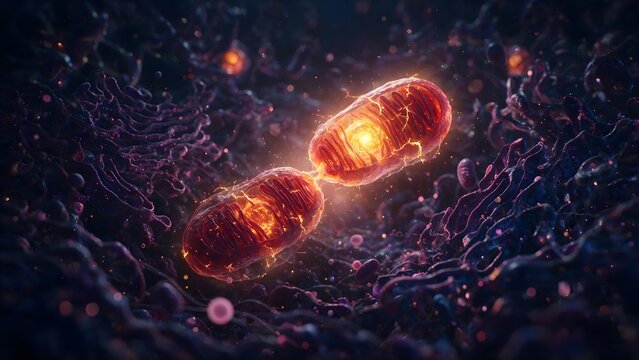 Mitochondria dividing like time-space ruptures, each one glowing with inner energy