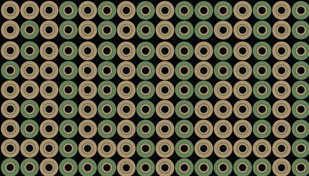 Abstract geometric seamless repeating pattern of concentric green and brown rings on a solid black background.