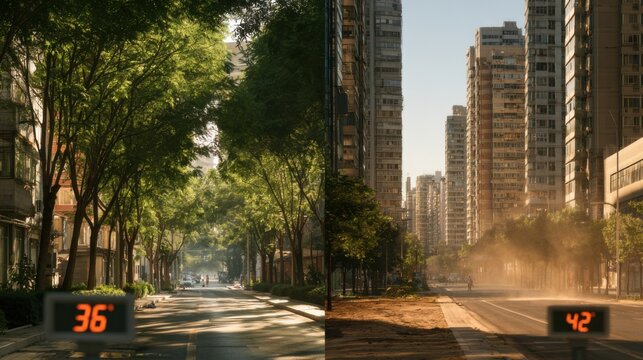 City street during daytime showing trees and buildings with a temperature of 36 degrees on one side and 42 degrees on the other side