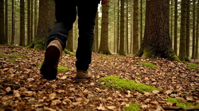 A low-angle view of a forest floor covered in dry leaves and patches of bright green moss. A person's legs and feet are visible walking along a path through the trees.