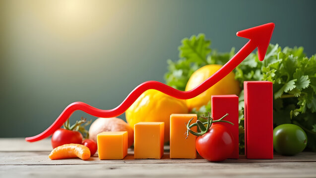 Red arrow chart and bar graphs rising above fresh organic vegetables and cheese cubes on wooden table representing inflation growth food price trends economic market analysis concept for business fina