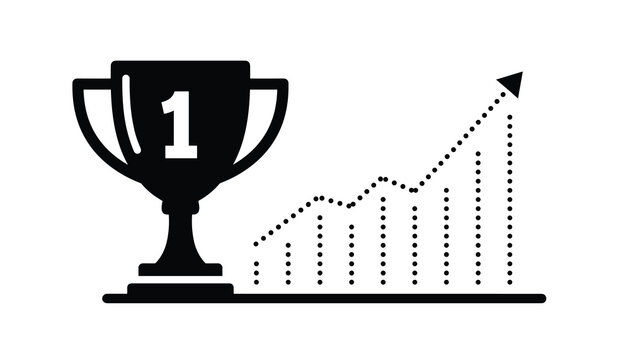 Business success icon displaying a first place winner trophy cup next to a rising dotted financial growth chart.