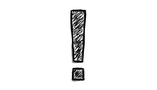 Hand drawn sketchy black exclamation mark symbol isolated on a clean white background, warning sign.