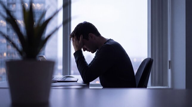 A tired office worker sitting alone at a desk with a slouched posture, silhouetted against a bright window, expressing exhaustion, burnout, or mental fatigue.