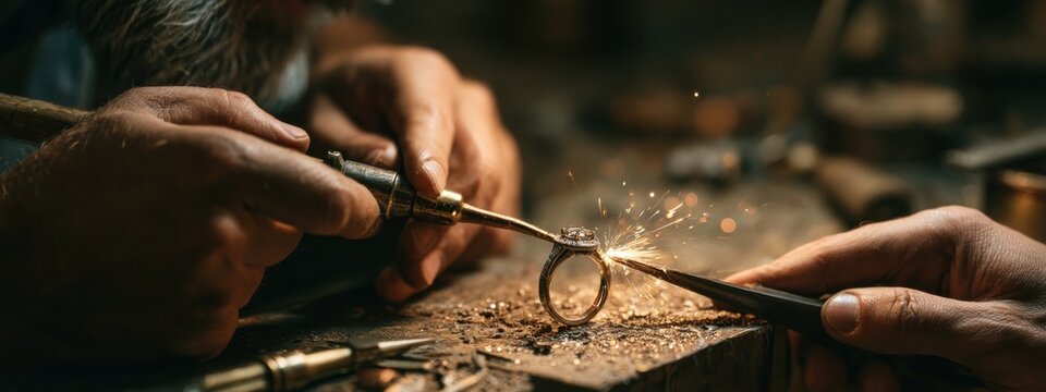 Crafting a ring in a workshop with tools and sparks flying during the process